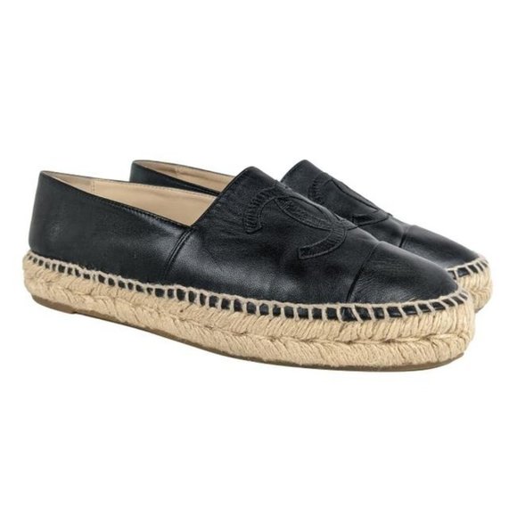 CHANEL Shoes - Chanel Black Lambskin Cc Logo Leather Espadrilles US 8 / EU 38